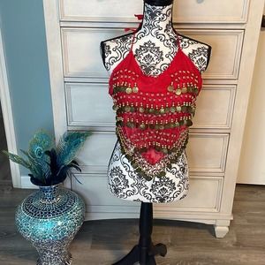 Gypsy belly dancer chiffon halter red top with gold coins
